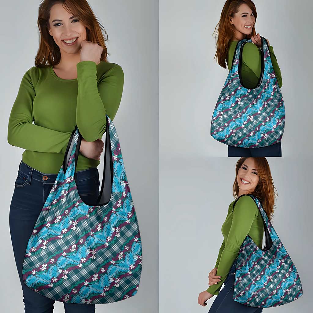 Polynesian Monstera Tiare Floral Grocery Bag Dark Teal Tropical Plaid LT01 - Polynesian Pride