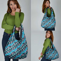 Polynesian Monstera Tiare Floral Grocery Bag Dark Teal Tropical Plaid LT01 - Polynesian Pride