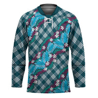 Polynesian Monstera Tiare Floral Hockey Jersey Dark Teal Tropical Plaid - Polynesian Pride