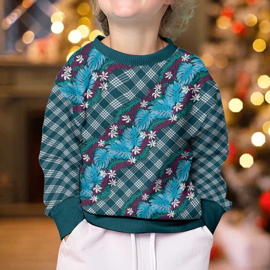 Polynesian Monstera Tiare Floral Kid Ugly Christmas Sweater Dark Teal Tropical Plaid - Polynesian Pride