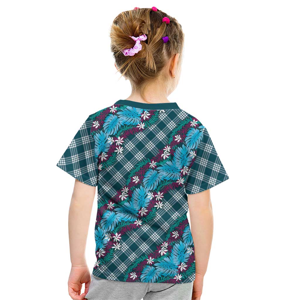 Polynesian Monstera Tiare Floral Kid T Shirt Dark Teal Tropical Plaid LT01 - Polynesian Pride