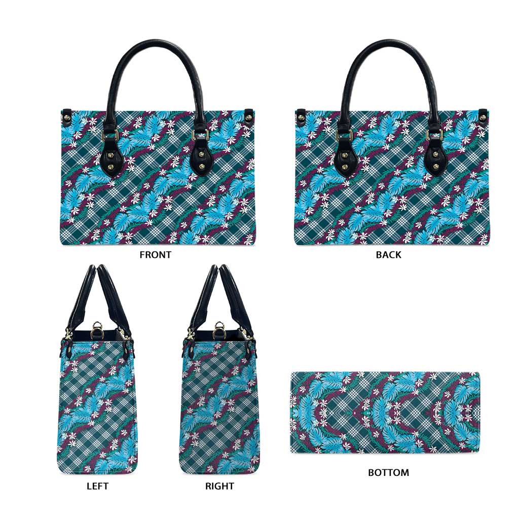 Polynesian Monstera Tiare Floral Leather Bag Dark Teal Tropical Plaid - Polynesian Pride