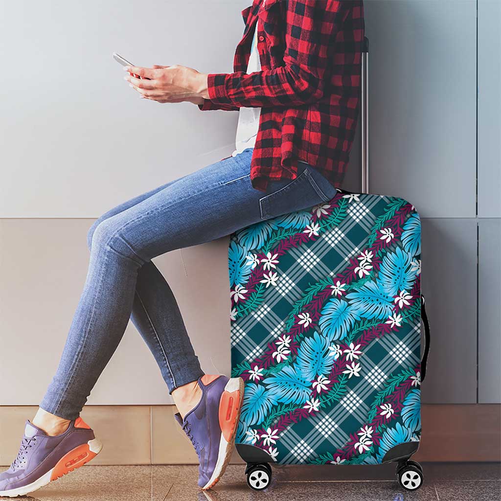 Polynesian Monstera Tiare Floral Luggage Cover Dark Teal Tropical Plaid LT01 - Polynesian Pride
