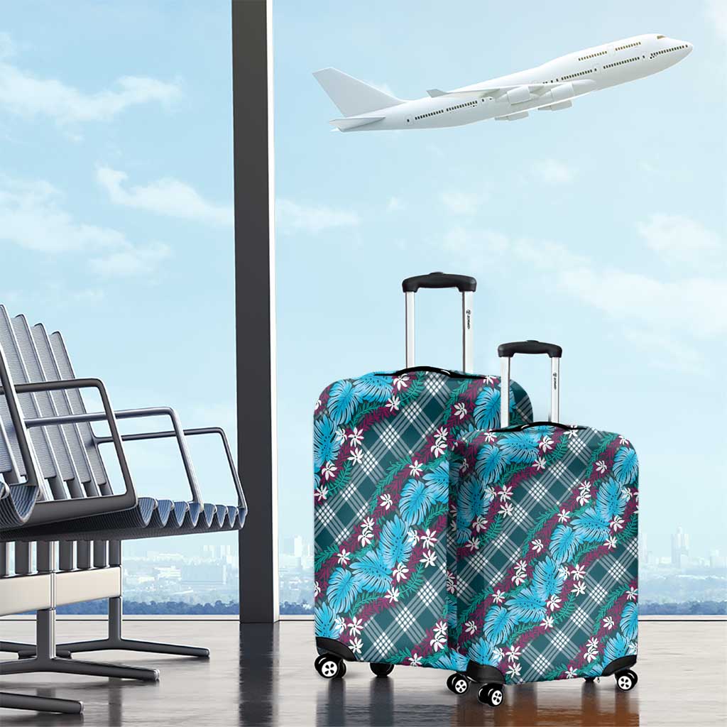 Polynesian Monstera Tiare Floral Luggage Cover Dark Teal Tropical Plaid LT01 - Polynesian Pride
