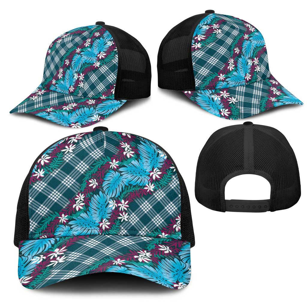 Polynesian Monstera Tiare Floral Mesh Trucker Cap Dark Teal Tropical Plaid - Polynesian Pride