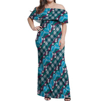 Polynesian Monstera Tiare Floral Off Shoulder Maxi Dress Dark Teal Tropical Plaid - Polynesian Pride