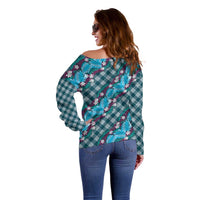 Polynesian Monstera Tiare Floral Off Shoulder Sweater Dark Teal Tropical Plaid - Polynesian Pride