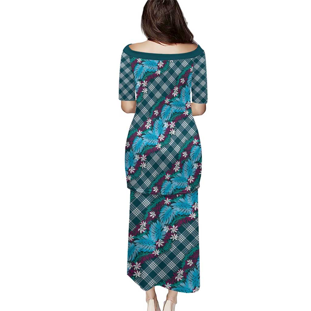 Polynesian Monstera Tiare Floral Puletasi Dark Teal Tropical Plaid - Polynesian Pride