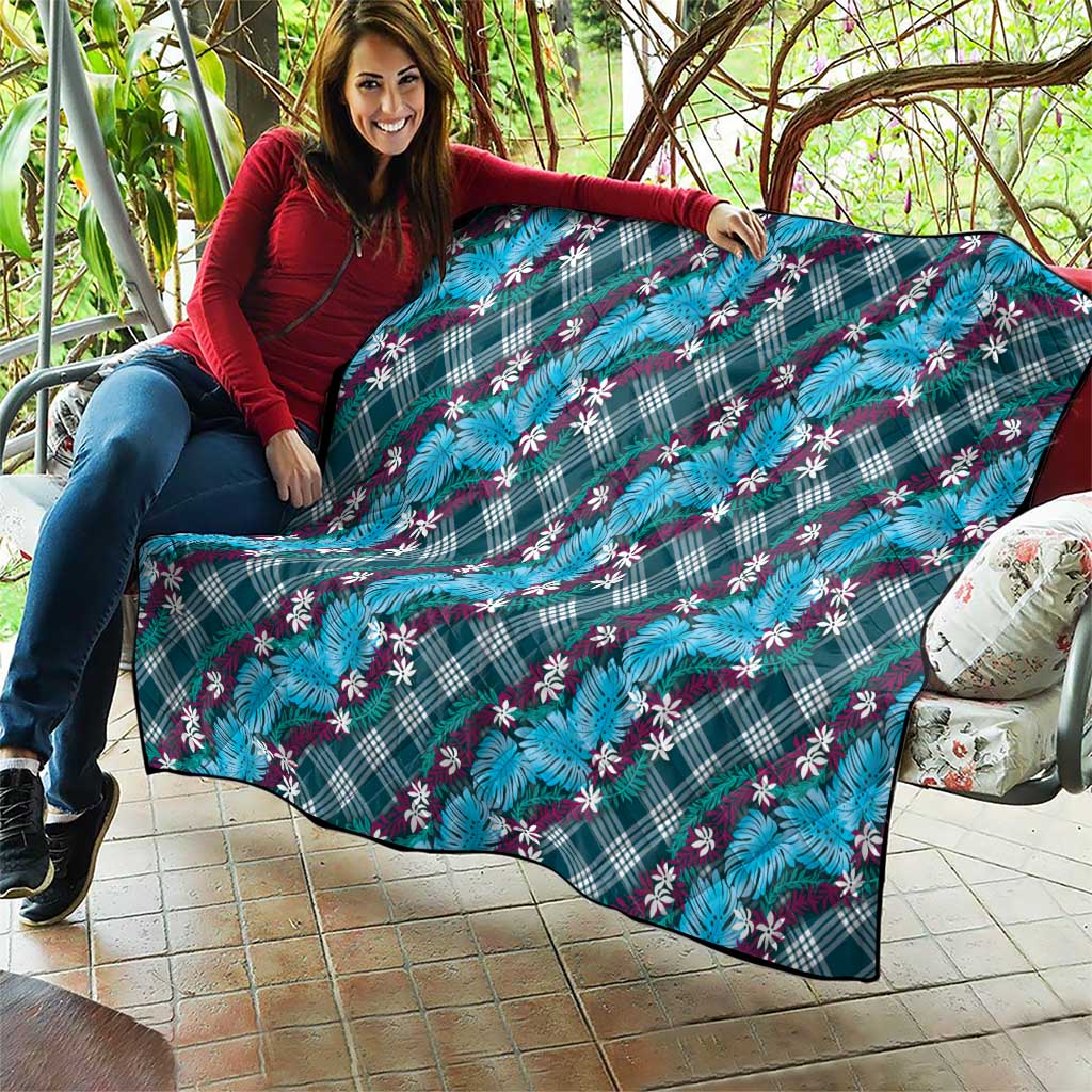Polynesian Monstera Tiare Floral Quilt Dark Teal Tropical Plaid - Polynesian Pride