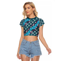 Polynesian Monstera Tiare Floral Raglan Cropped T Shirt Dark Teal Tropical Plaid - Polynesian Pride