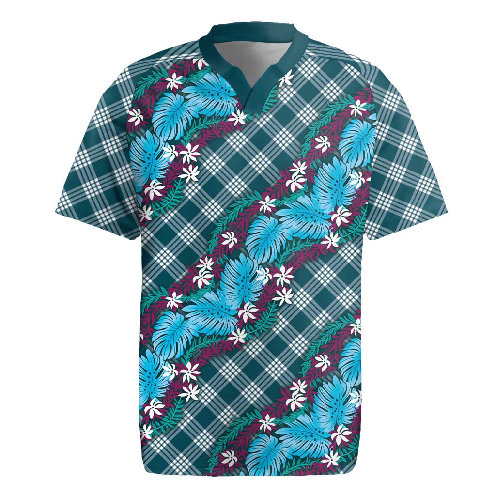 Polynesian Monstera Tiare Floral Rugby Jersey Dark Teal Tropical Plaid LT01 Teal - Polynesian Pride