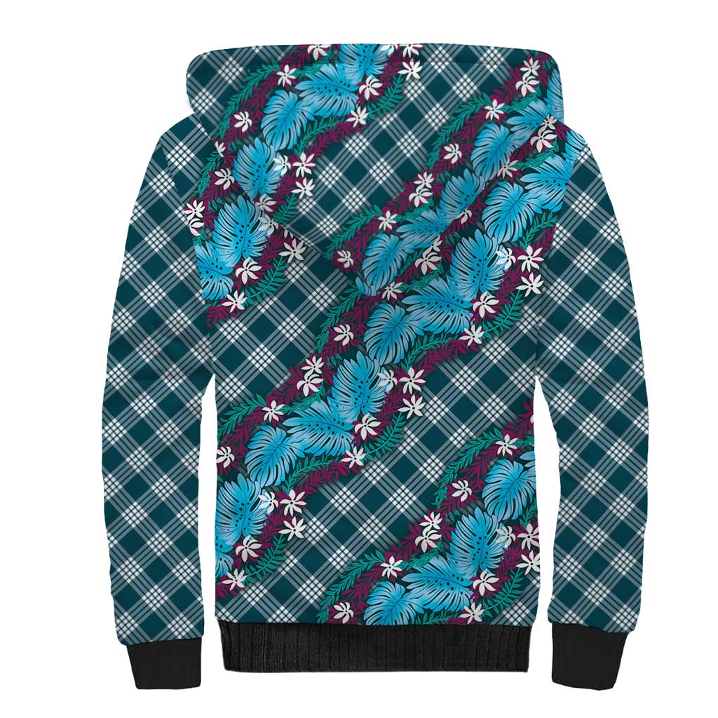 Polynesian Monstera Tiare Floral Sherpa Hoodie Dark Teal Tropical Plaid LT01 - Polynesian Pride