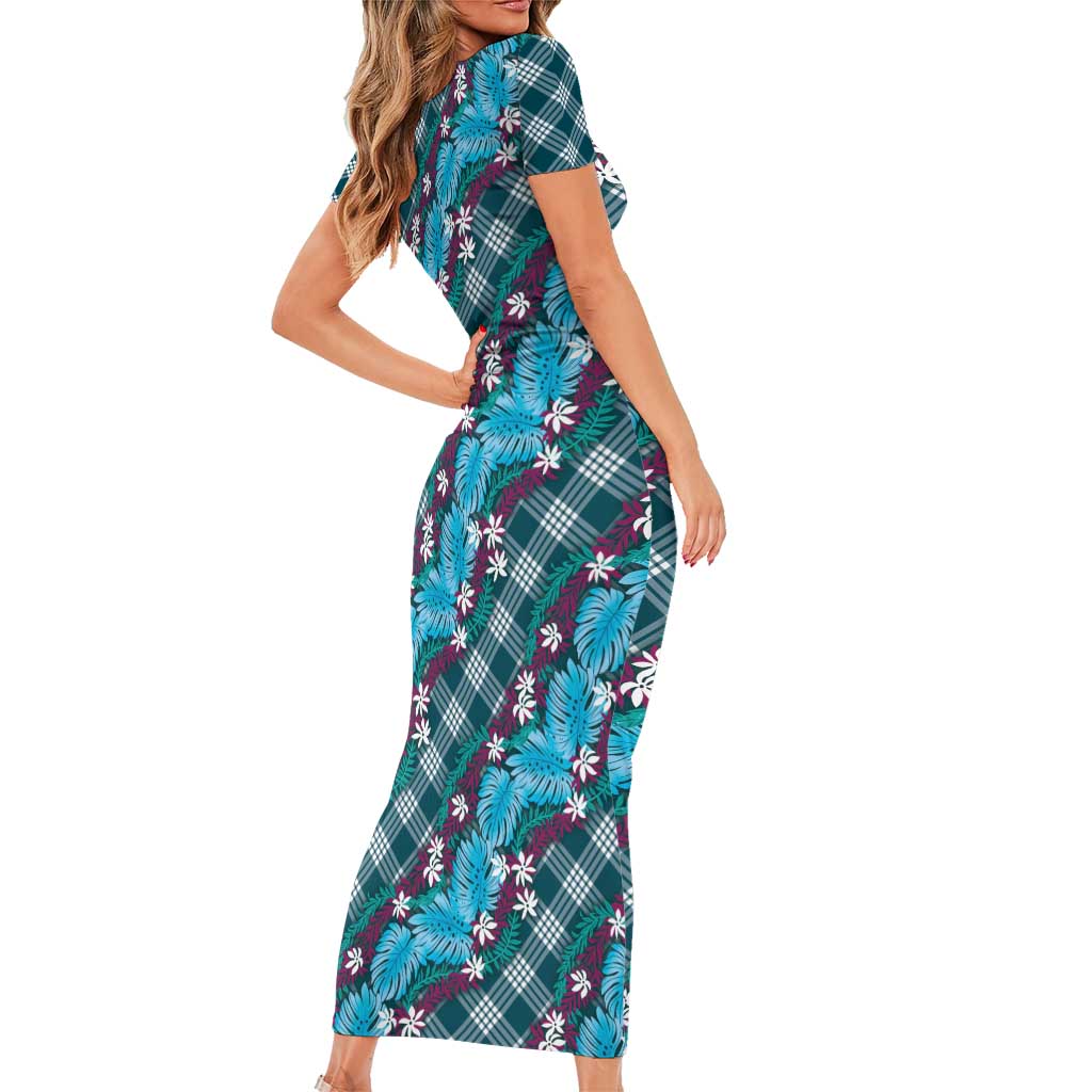 Polynesian Monstera Tiare Floral Short Sleeve Bodycon Dress Dark Teal Tropical Plaid - Polynesian Pride