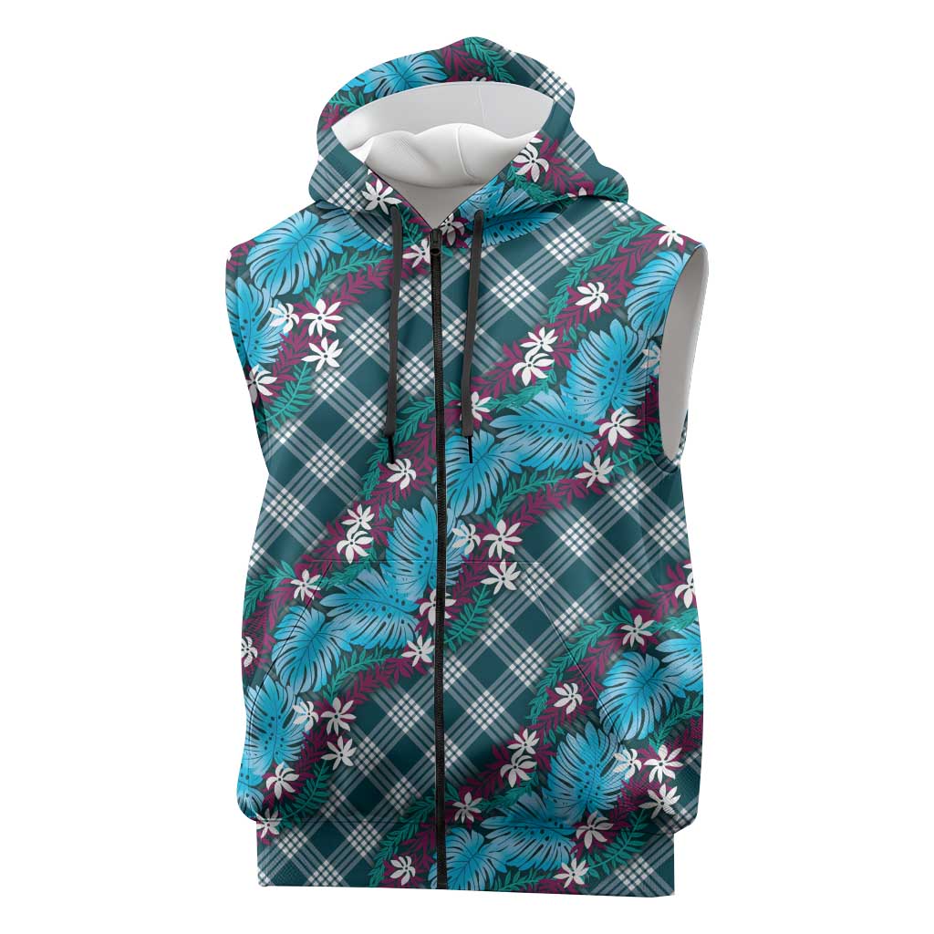 Polynesian Monstera Tiare Floral Sleeveless Zip Hoodie Dark Teal Tropical Plaid LT01 Teal - Polynesian Pride