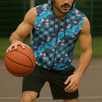Polynesian Monstera Tiare Floral Sleeveless Zip Hoodie Dark Teal Tropical Plaid - Polynesian Pride