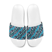 Polynesian Monstera Tiare Floral Slide Sandals Dark Teal Tropical Plaid - Polynesian Pride