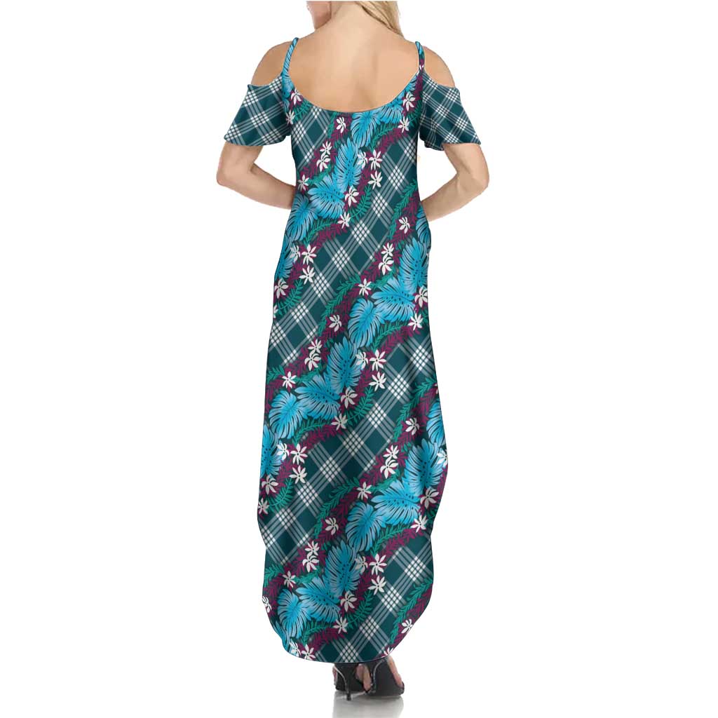 Polynesian Monstera Tiare Floral Summer Maxi Dress Dark Teal Tropical Plaid LT01 - Polynesian Pride