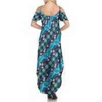 Polynesian Monstera Tiare Floral Summer Maxi Dress Dark Teal Tropical Plaid LT01 - Polynesian Pride