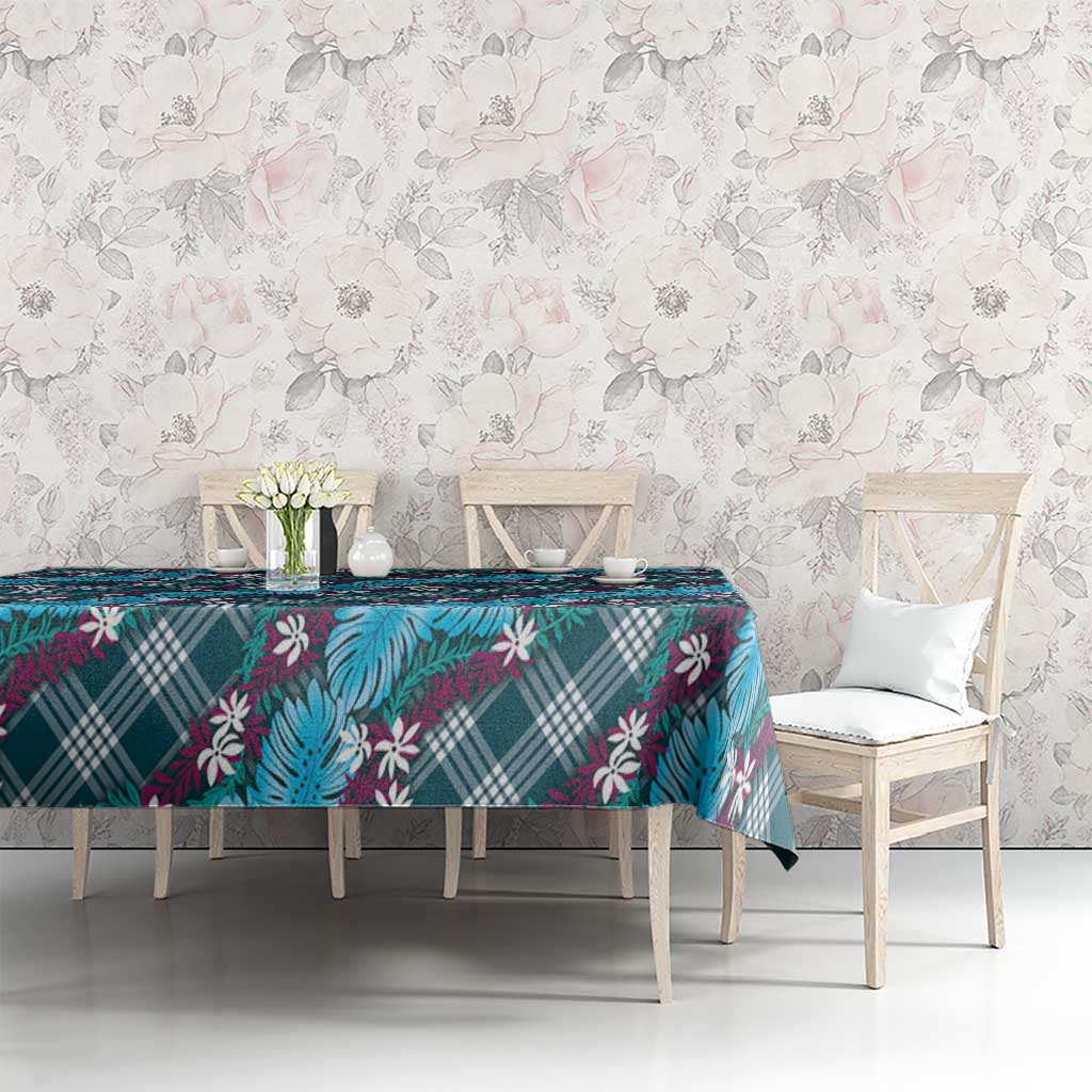 Polynesian Monstera Tiare Floral Tablecloth Dark Teal Tropical Plaid - Polynesian Pride