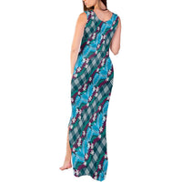 Polynesian Monstera Tiare Floral Tank Maxi Dress Dark Teal Tropical Plaid - Polynesian Pride
