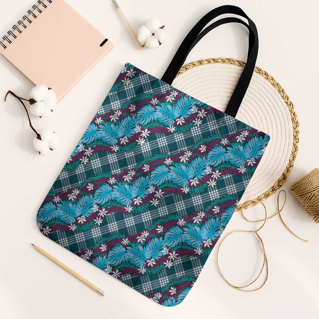 Polynesian Monstera Tiare Floral Tote Bag Dark Teal Tropical Plaid - Polynesian Pride