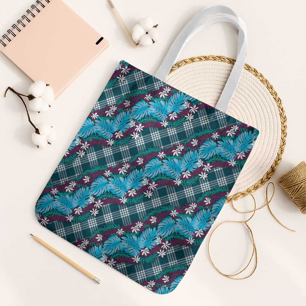 Polynesian Monstera Tiare Floral Tote Bag Dark Teal Tropical Plaid - Polynesian Pride