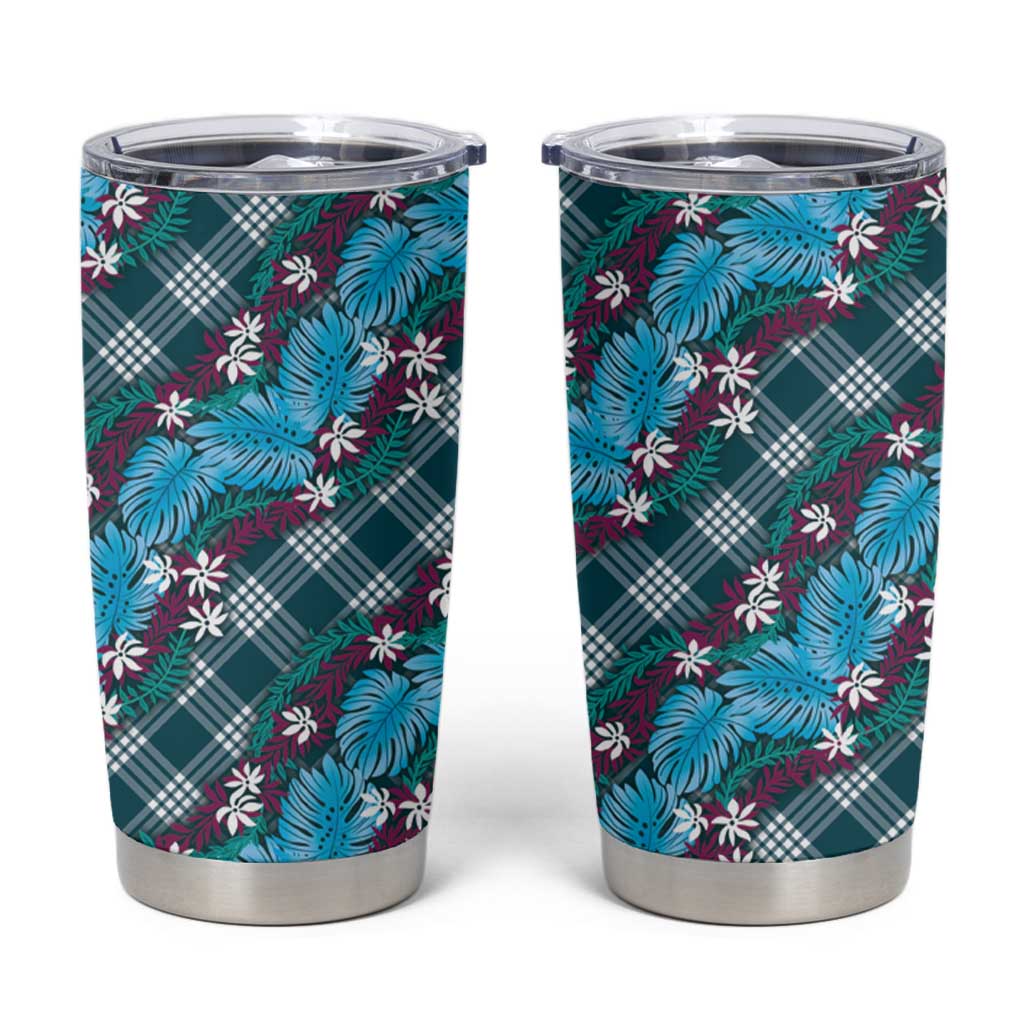 Polynesian Monstera Tiare Floral Tumbler Cup Dark Teal Tropical Plaid LT01 Teal - Polynesian Pride