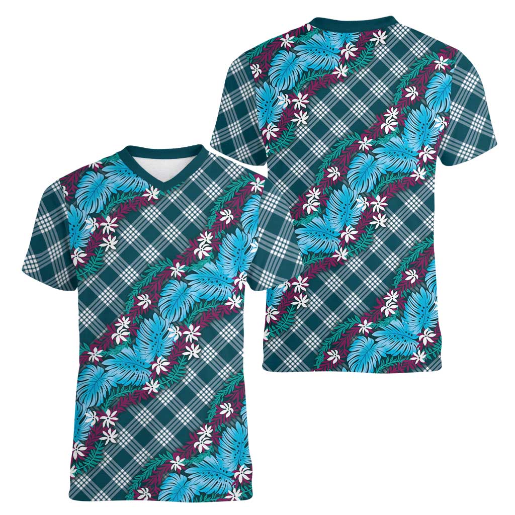 Polynesian Monstera Tiare Floral Women V-Neck T-Shirt Dark Teal Tropical Plaid - Polynesian Pride