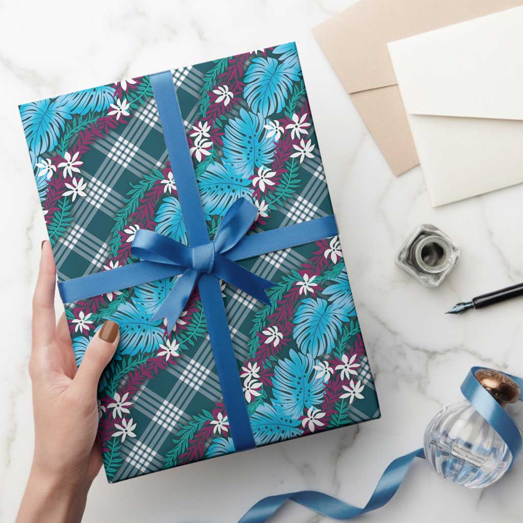 Polynesian Monstera Tiare Floral Wrapping Paper Dark Teal Tropical Plaid - Polynesian Pride