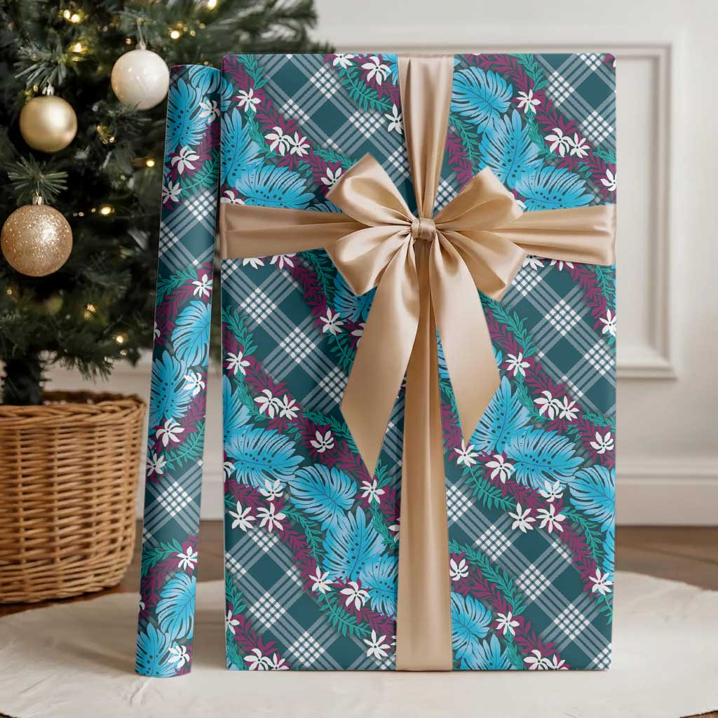 Polynesian Monstera Tiare Floral Wrapping Paper Dark Teal Tropical Plaid - Polynesian Pride