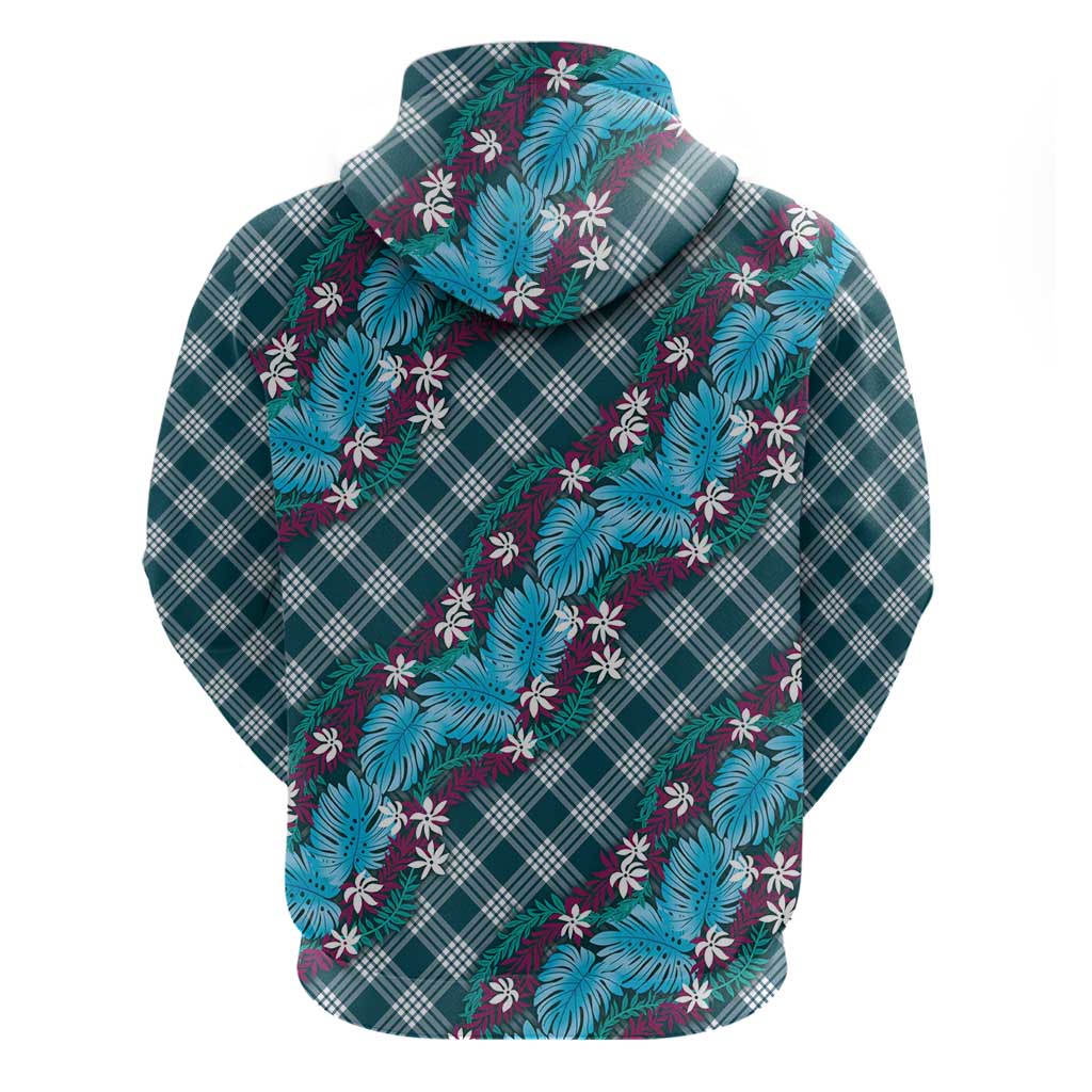 Polynesian Monstera Tiare Floral Zip Hoodie Dark Teal Tropical Plaid LT01 - Polynesian Pride