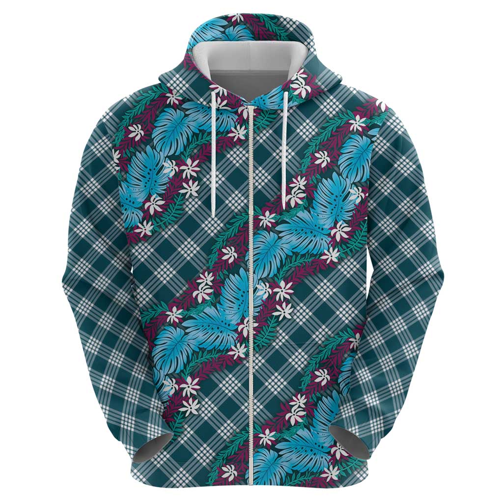 Polynesian Monstera Tiare Floral Zip Hoodie Dark Teal Tropical Plaid LT01 - Polynesian Pride