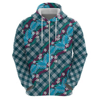 Polynesian Monstera Tiare Floral Zip Hoodie Dark Teal Tropical Plaid LT01 - Polynesian Pride