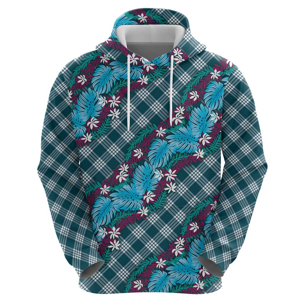 Polynesian Monstera Tiare Floral Zip Hoodie Dark Teal Tropical Plaid LT01 - Polynesian Pride