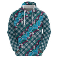 Polynesian Monstera Tiare Floral Zip Hoodie Dark Teal Tropical Plaid LT01 - Polynesian Pride