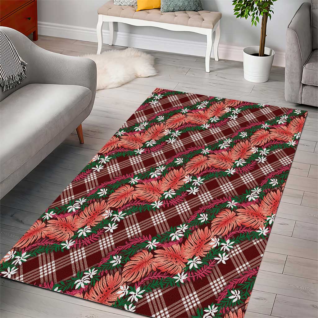 Polynesian Monstera Tiare Floral Area Rug Burgundy Tropical Plaid - Polynesian Pride