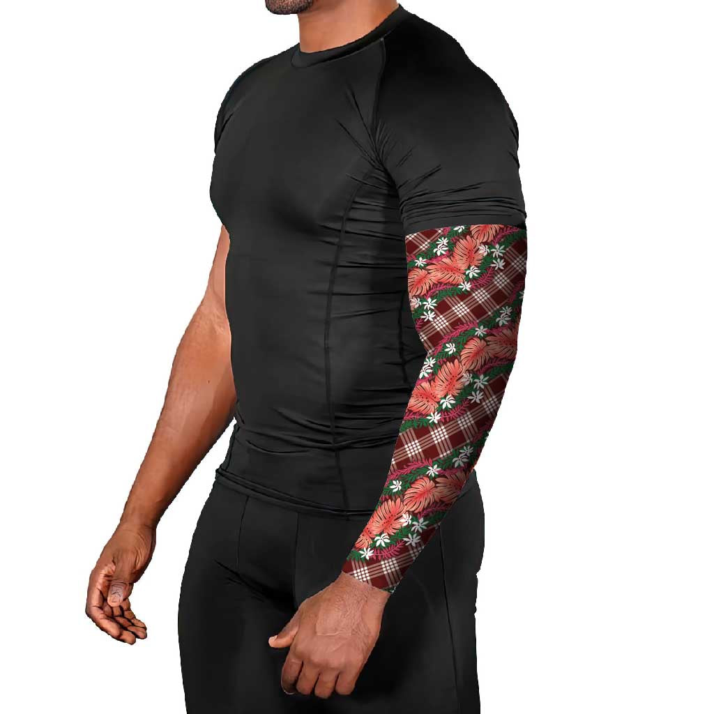 Polynesian Monstera Tiare Floral Arm Sleeves Burgundy Tropical Plaid LT01 - Polynesian Pride