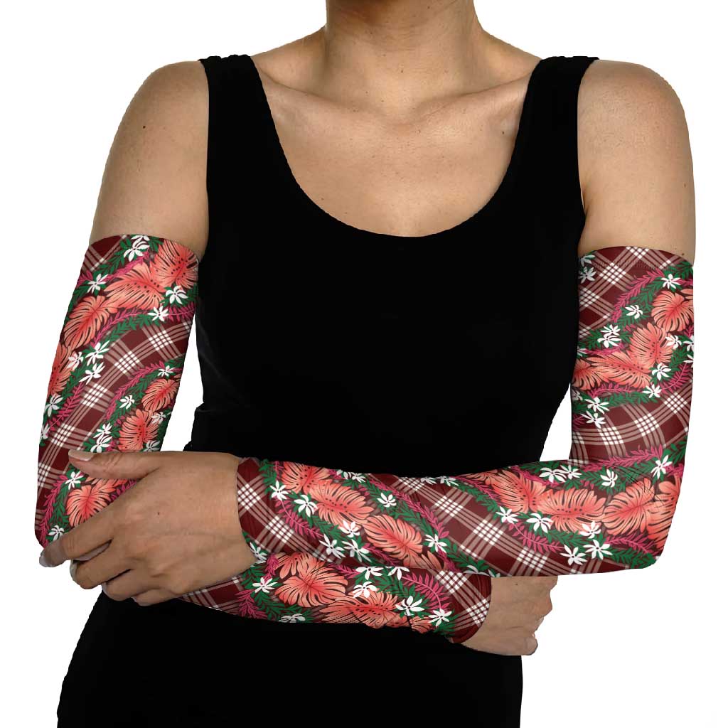 Polynesian Monstera Tiare Floral Arm Sleeves Burgundy Tropical Plaid LT01 - Polynesian Pride