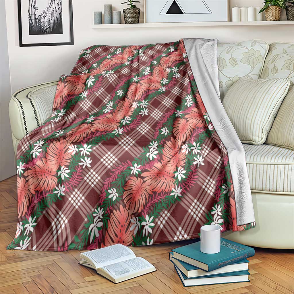 Polynesian Monstera Tiare Floral Blanket Burgundy Tropical Plaid - Polynesian Pride