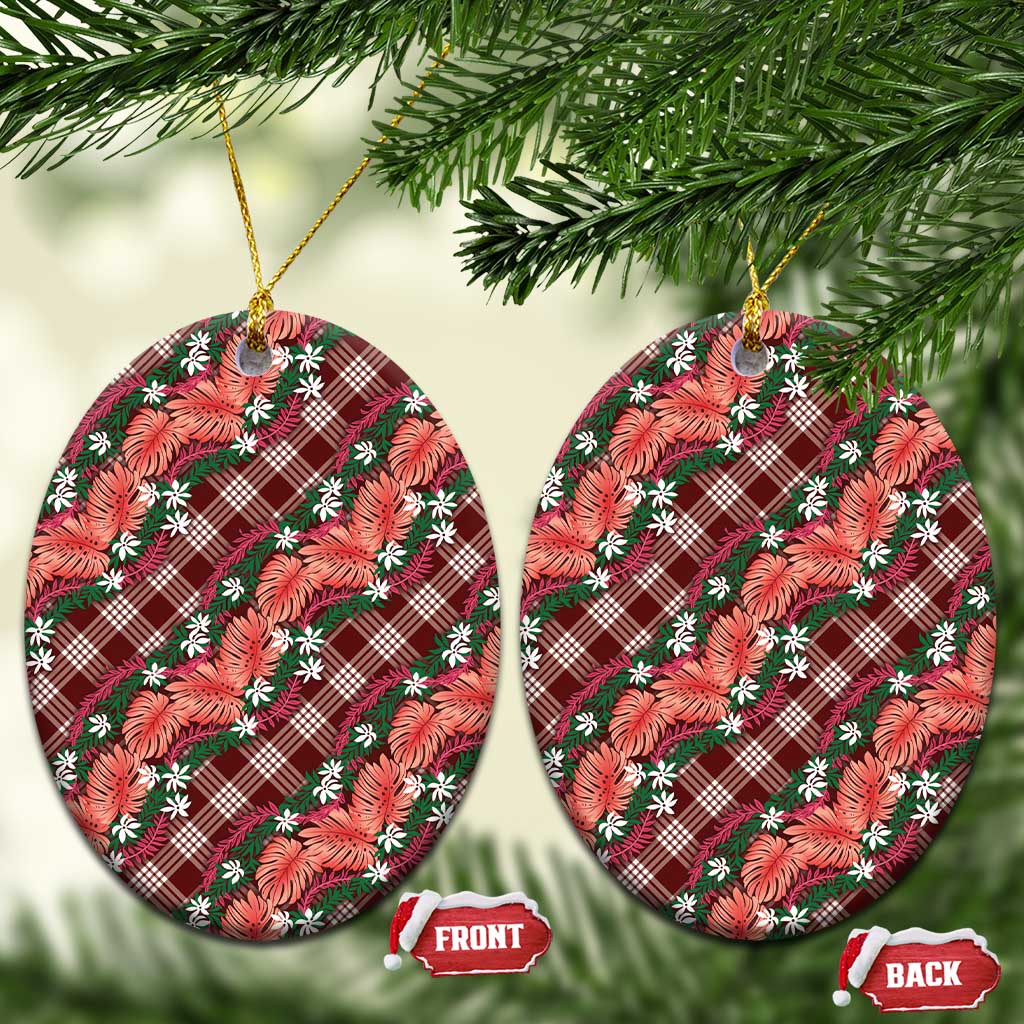 Polynesian Monstera Tiare Floral Ceramic Ornament Burgundy Tropical Plaid - Polynesian Pride