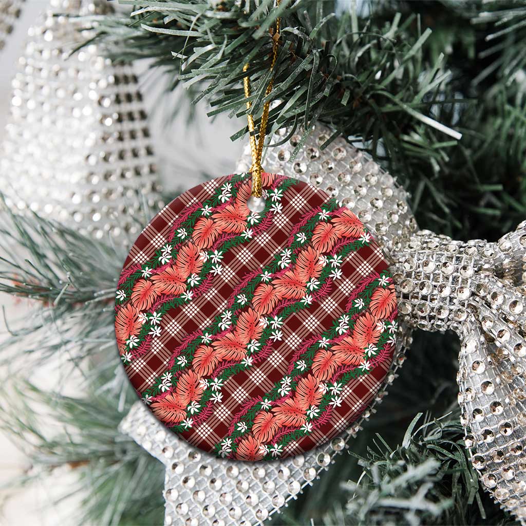 Polynesian Monstera Tiare Floral Ceramic Ornament Burgundy Tropical Plaid - Polynesian Pride