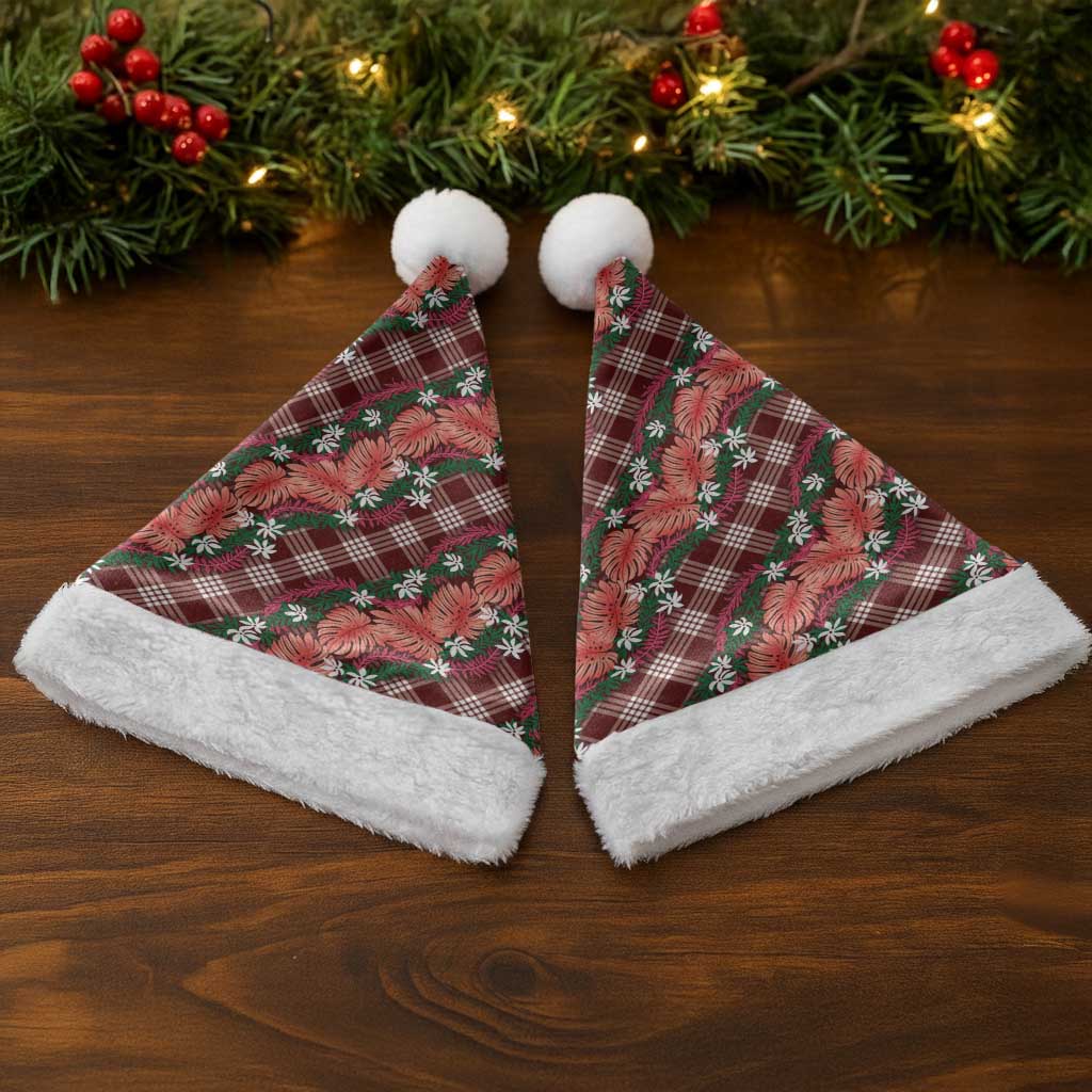 Polynesian Monstera Tiare Floral Christmas Santa Hat Burgundy Tropical Plaid - Polynesian Pride