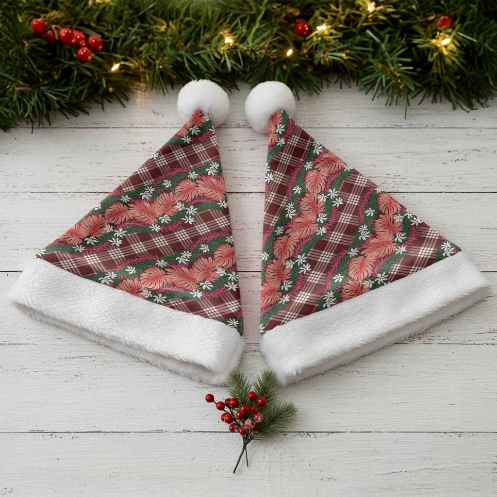 Polynesian Monstera Tiare Floral Christmas Santa Hat Burgundy Tropical Plaid - Polynesian Pride