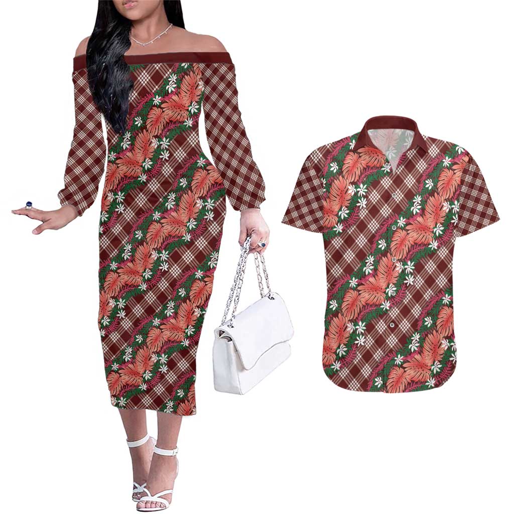 Polynesian Monstera Tiare Floral Couples Matching Off The Shoulder Long Sleeve Dress and Hawaiian Shirt Burgundy Tropical Plaid LT01 Red - Polynesian Pride