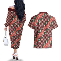 Polynesian Monstera Tiare Floral Couples Matching Off The Shoulder Long Sleeve Dress and Hawaiian Shirt Burgundy Tropical Plaid LT01 - Polynesian Pride