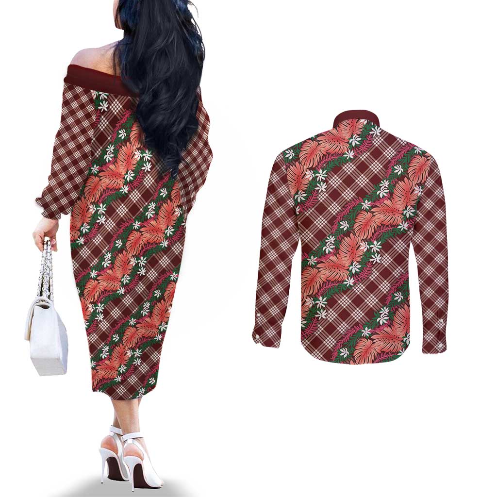 Polynesian Monstera Tiare Floral Couples Matching Off The Shoulder Long Sleeve Dress and Long Sleeve Button Shirt Burgundy Tropical Plaid LT01 - Polynesian Pride
