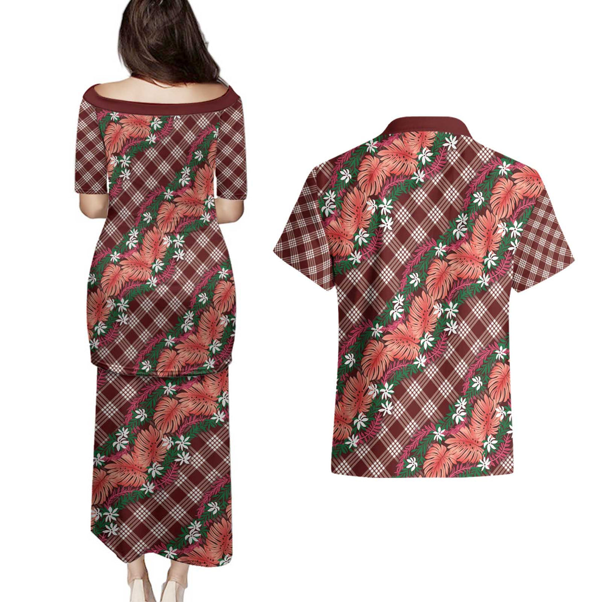 Polynesian Monstera Tiare Floral Couples Matching Puletasi and Hawaiian Shirt Burgundy Tropical Plaid - Polynesian Pride