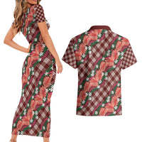 Polynesian Monstera Tiare Floral Couples Matching Short Sleeve Bodycon Dress and Hawaiian Shirt Burgundy Tropical Plaid LT01 - Polynesian Pride
