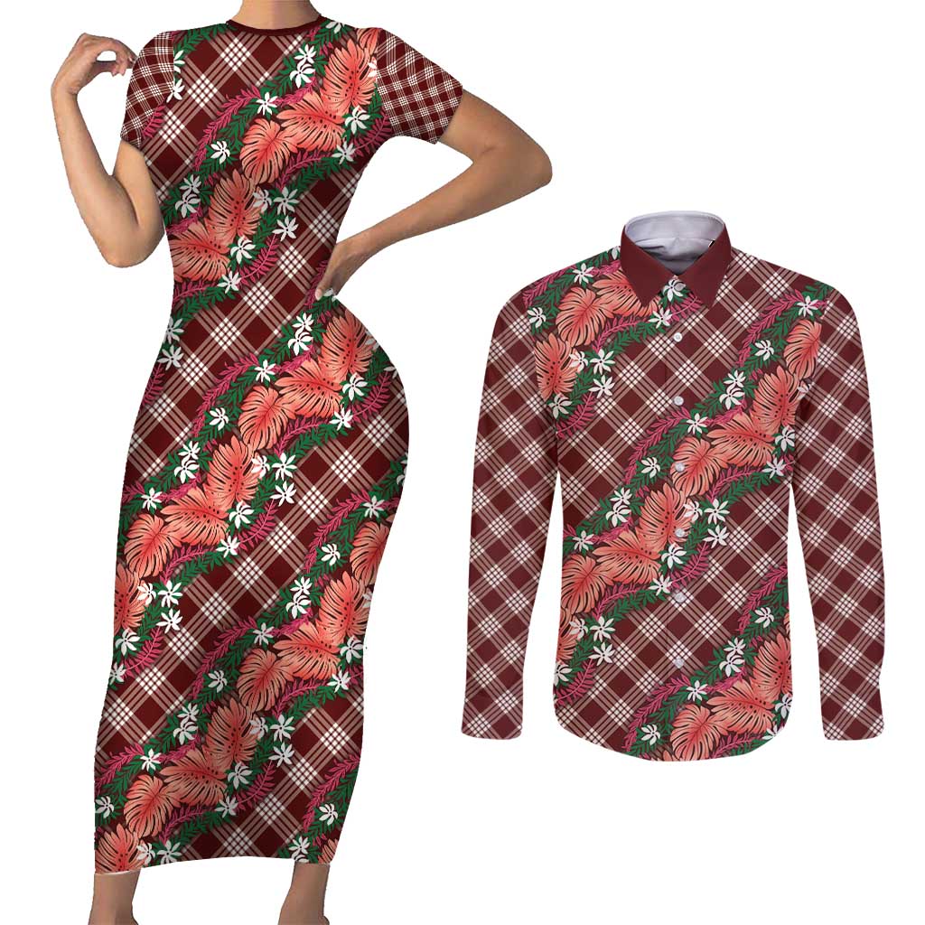 Polynesian Monstera Tiare Floral Couples Matching Short Sleeve Bodycon Dress and Long Sleeve Button Shirt Burgundy Tropical Plaid LT01 Red - Polynesian Pride