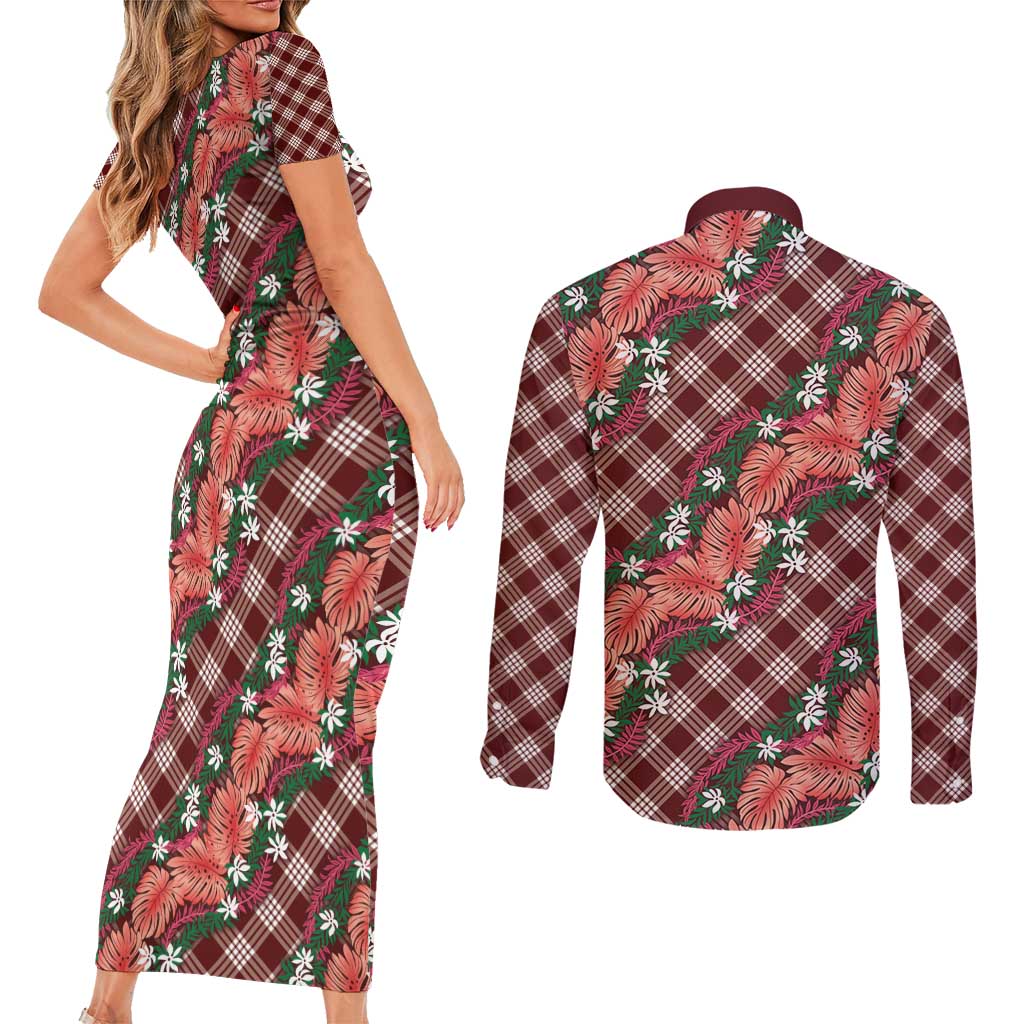Polynesian Monstera Tiare Floral Couples Matching Short Sleeve Bodycon Dress and Long Sleeve Button Shirt Burgundy Tropical Plaid LT01 - Polynesian Pride